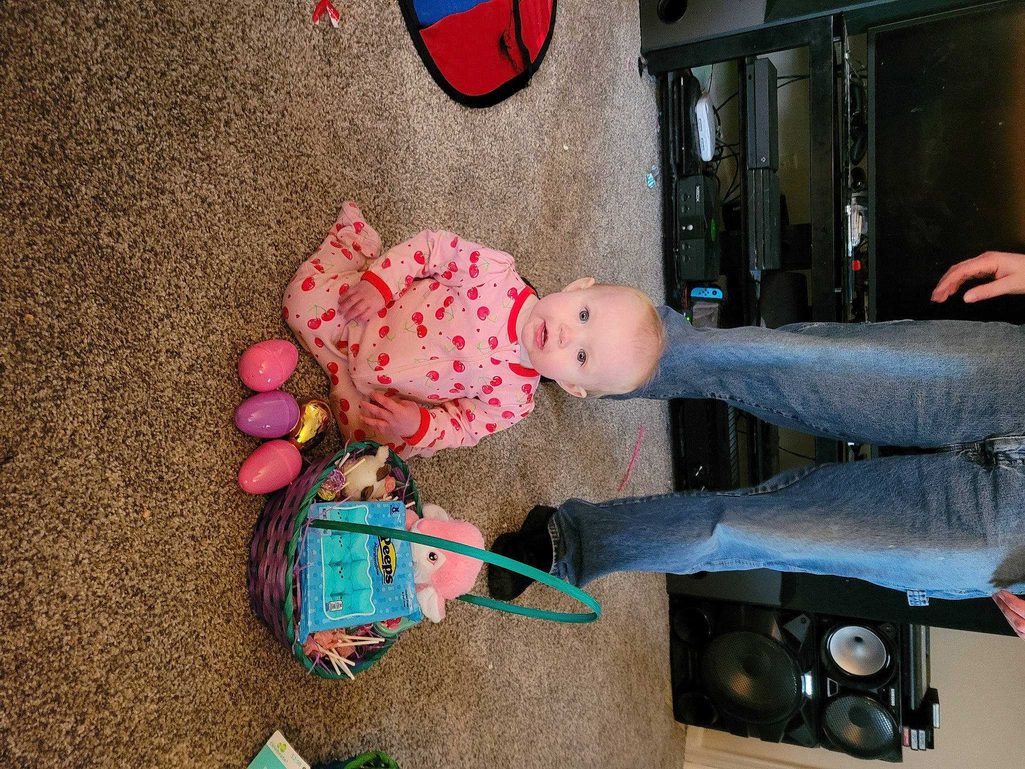 Nora is registered to the contest to win money with this photo: baby, baby_products, baby_toys, carmine, child, fun, magenta, party_supply, person, room, stuffed_toy, toddler, toy, tree