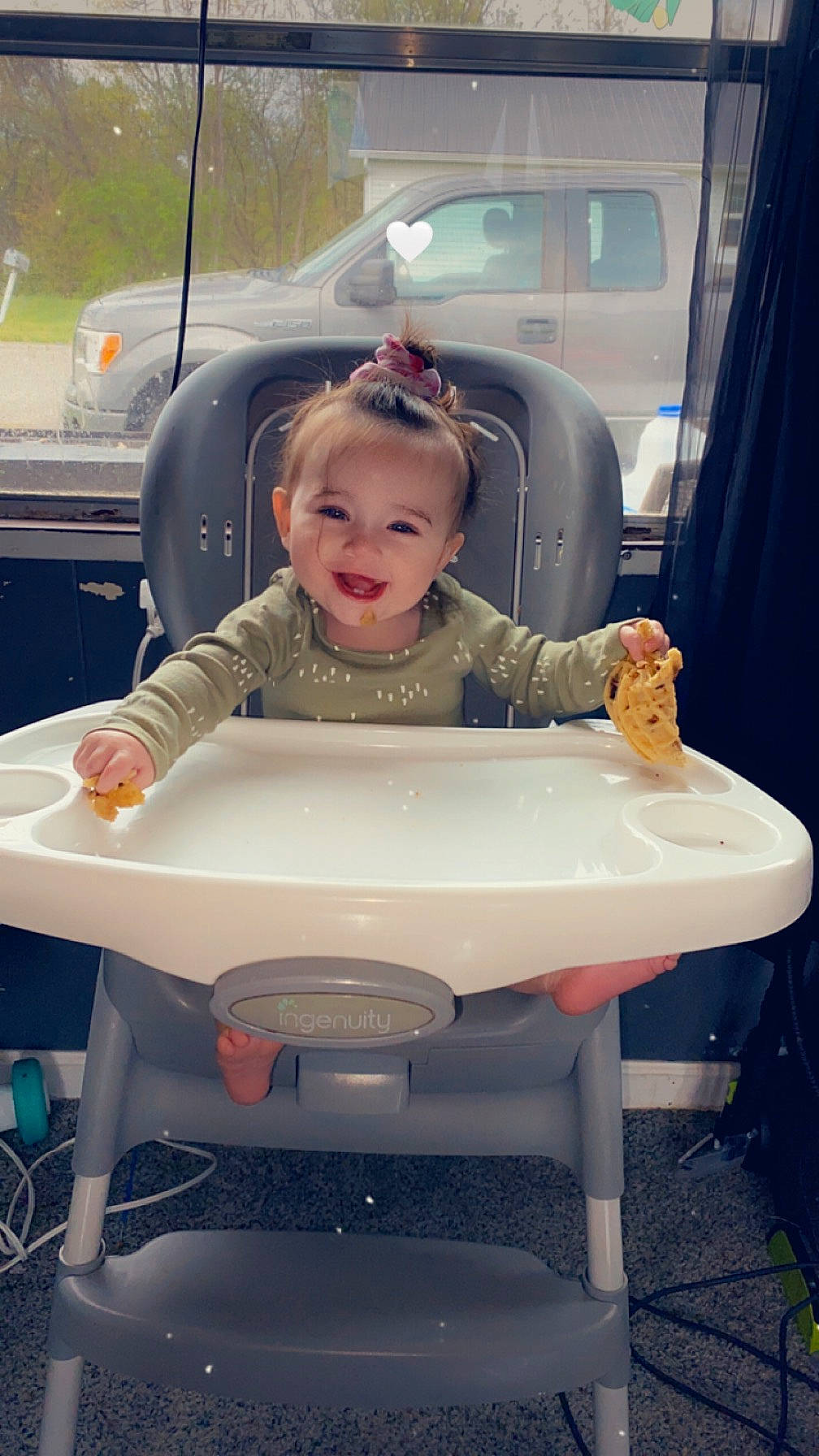 Peighton joined the competition — help win amazing prizes! automotive_design, automotive_exterior, automotive_tire, automotive_wheel_system, baby, baby_toddler_clothing, bumper, car, child, curtain, fun, joy, motor_vehicle, person, sitting, smile, table, tire, toddler, vehicle