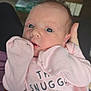 Maisie joined the competition — help win amazing prizes! adorable, baby, child, closeup, clothing_text, cozy, cute, human_face, indoor, infant, mittens, newborn, person, pink_clothing, portrait, sleepwear, snuggle, soft_fabric, wide_eyes, young_child