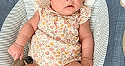 Zoe is registered to the contest to win money with this photo: baby, infant, child, portrait, face, wide_eyes, headband, floral_outfit, sitting, baby_seat, cushion, striped_fabric, plush_toy, stuffed_animal, indoor, close_up, adorable, alert, family_photo, safe