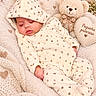 Zoe is registered to the contest to win money with this photo: baby, newborn, sleeping, portrait, indoor, cozy, blanket, swaddle, teddy_bear, stuffed_animal, heart, pillow, nursery, soft_lighting, peaceful, infant, clothing, floral_decor, plush_texture, princess