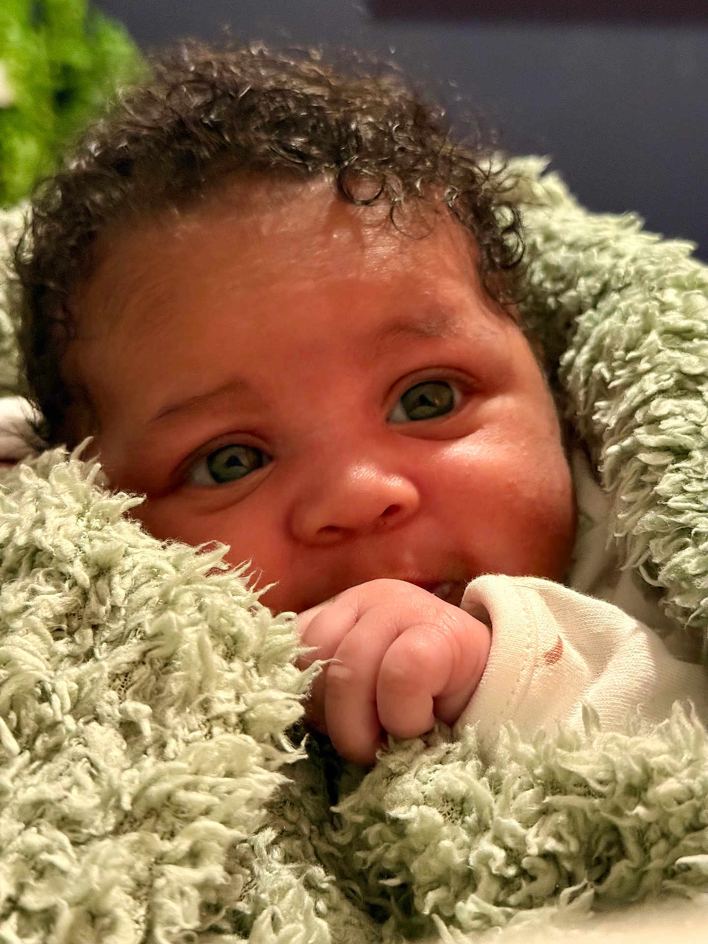 Aria-Leigh joined the competition — help win amazing prizes! baby, infant, face, hand, blanket, curly_hair, green_blanket, close_up, cute, child, soft_texture, warm, portrait, skin, eyes, cozy, newborn, expression, wrapped, toddler
