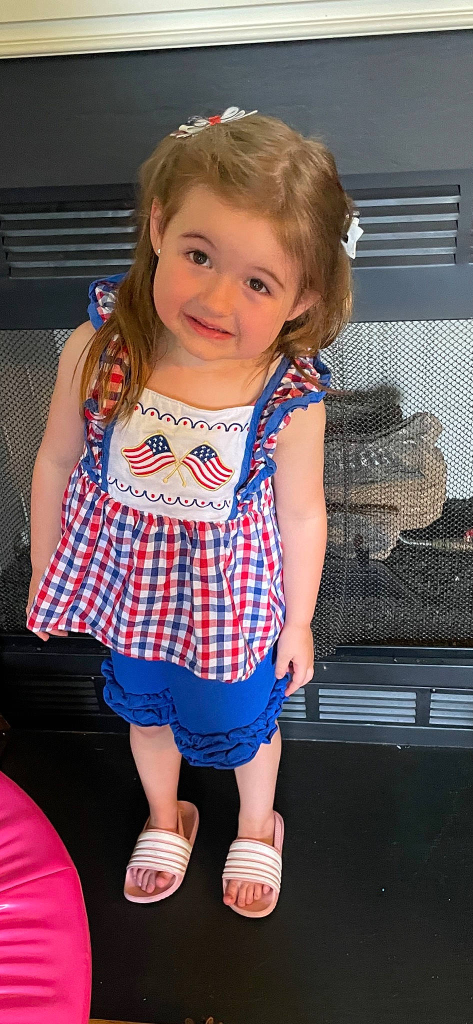 Caroline is registered to the contest to win money with this photo: baby_toddler_clothing, blond, child, cool, dress, electric_blue, facial_expression, hair, hairstyle, happy, iris, joy, pattern, person, pink, plaid, shoulder, skin, sleeve, smile