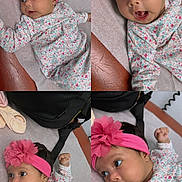 Jeannie is registered to the contest to win money with this photo: baby, baby_fashion, blanket, car_seat, child, close_up, collage, curious, eyes, face, floral_outfit, flower, four_panels, indoors, infant, lying_down, pink_headband, portrait, smiling, surprised
