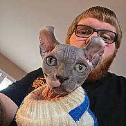 Charles is registered to the contest to win money with this photo: person, glasses, beard, indoor, cat, sphynx_cat, pet, sweater, knitwear, closeup, face, animal, curious, portrait, looking_at_camera, human, cozy, eyewear, cute, domestic_animal