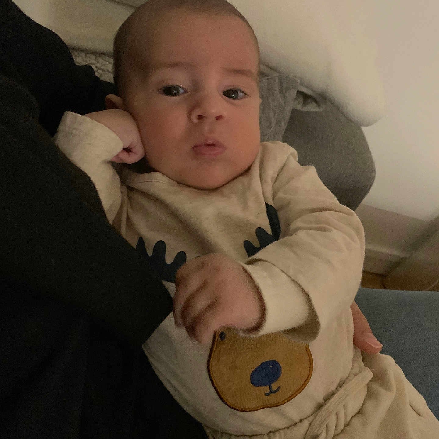 Andreas participe au concours pour gagner de l'argent avec cette photo : baby, bear_design, blanket, casual, child, clothing, couch, cozy, cute, expression, face, hand, indoors, infant, person, portrait, relaxed, resting, soft_fabric, young