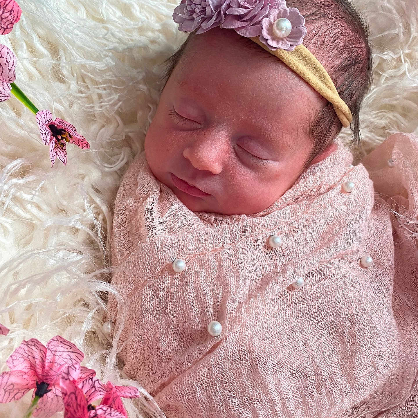 Avalynn is registered to the contest to win money with this photo: adorable, baby, child, closeup, cute, delicate, flowers, fluffy_background, headband, indoors, infant, newborn, peaceful, pearl_beads, pink_blanket, portrait, resting, sleeping, soft_texture, wrapped