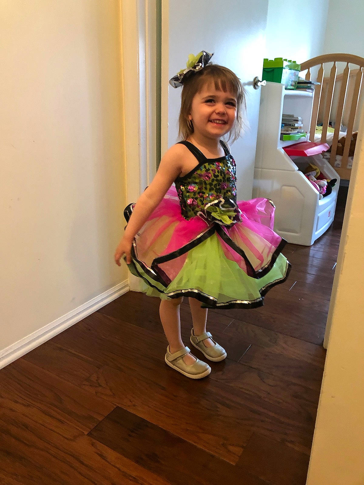 Savannah joined the competition — help win amazing prizes! child, clothing, costume, dress, floor, flooring, hardwood, joy, person, pink, shoe, shoulder, toddler