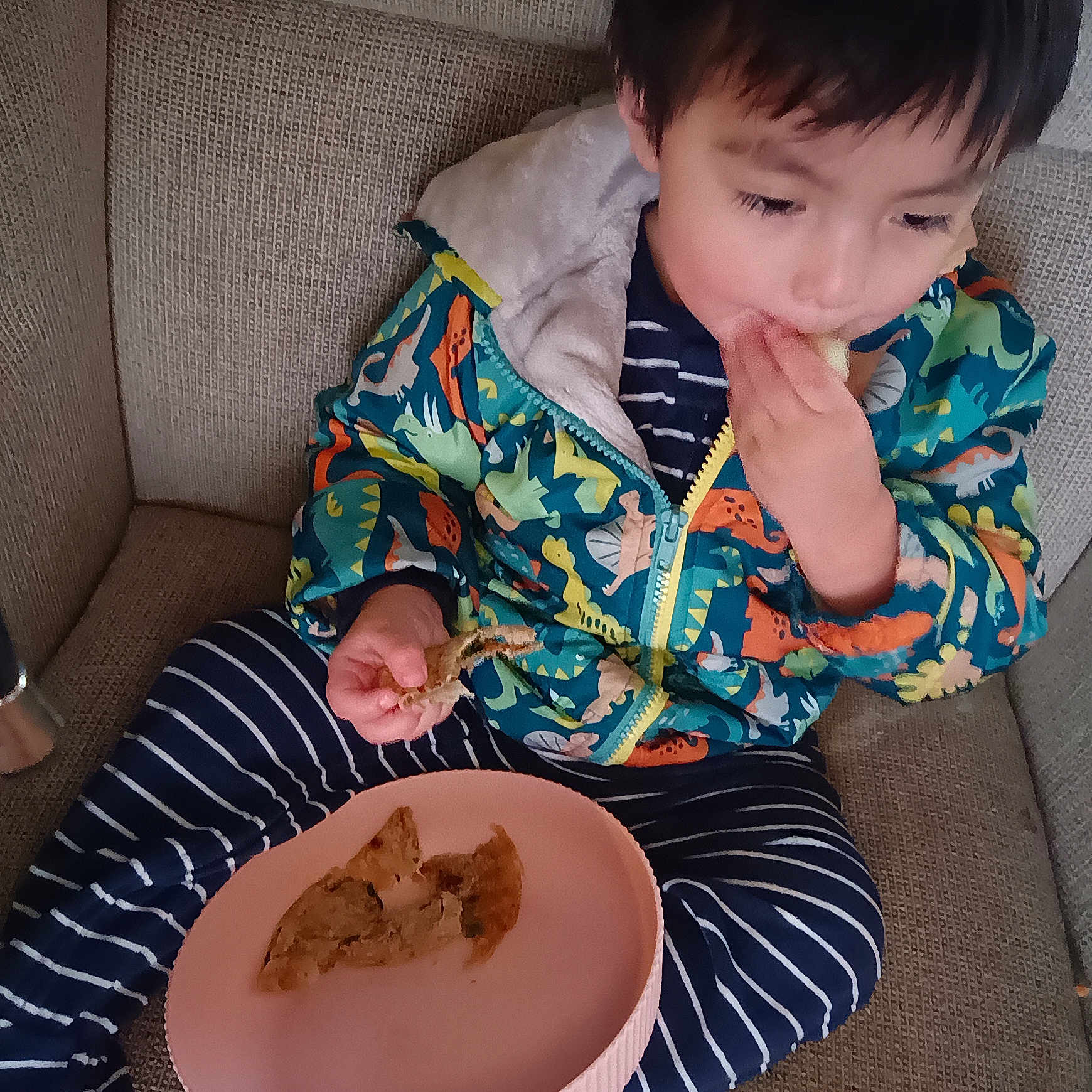 Gerson joined the competition — help win amazing prizes! boy, casual, child, colorful_clothing, comfort, couch, dinosaur_jacket, eating, face, food, hand, indoor, meal, plate, portrait, relaxed, seated, snack, striped_pants, young_child