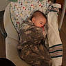 Everly joined the competition — help win amazing prizes! baby, sleeping, blanket, camo, baby_rocker, plush_toys, striped_towel, indoor, wooden_floor, peaceful, child, infant, cozy, resting, face, person, comfort, quiet, nursery, furniture