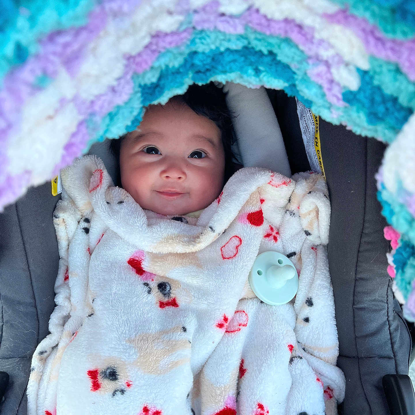 Elysaida is registered to the contest to win money with this photo: baby, blanket, canopy, car_seat, child, close_up, clothing, cozy, cute, eyes, face, fuzzy, infant, knit_blanket, pacifier, portrait, seat, smile, soft_texture, stroller