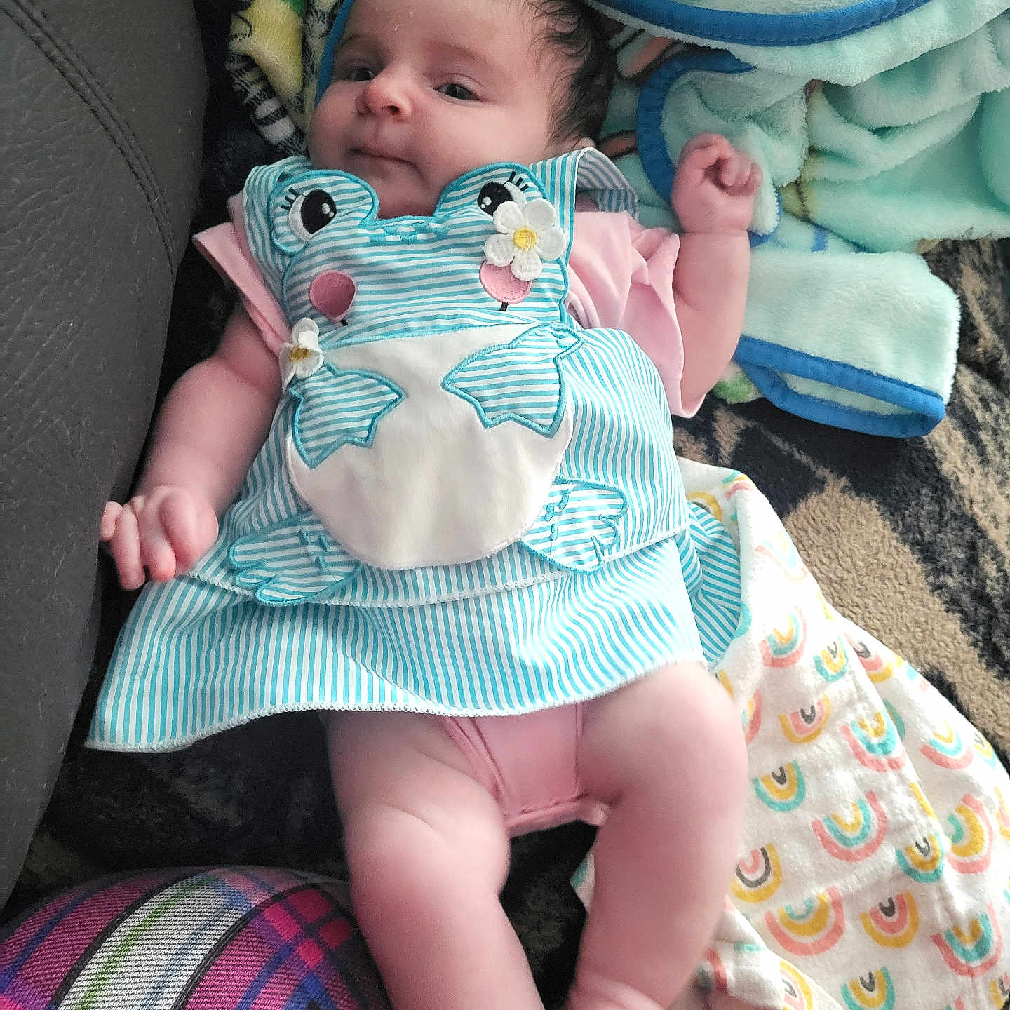 Rory is registered to the contest to win money with this photo: baby, bed, blanket, bonnet, clothing, couch, cushion, dress, face, furniture, hat, head, homedecor, newborn, person, photography, portrait, quilt, sitting, sleeping