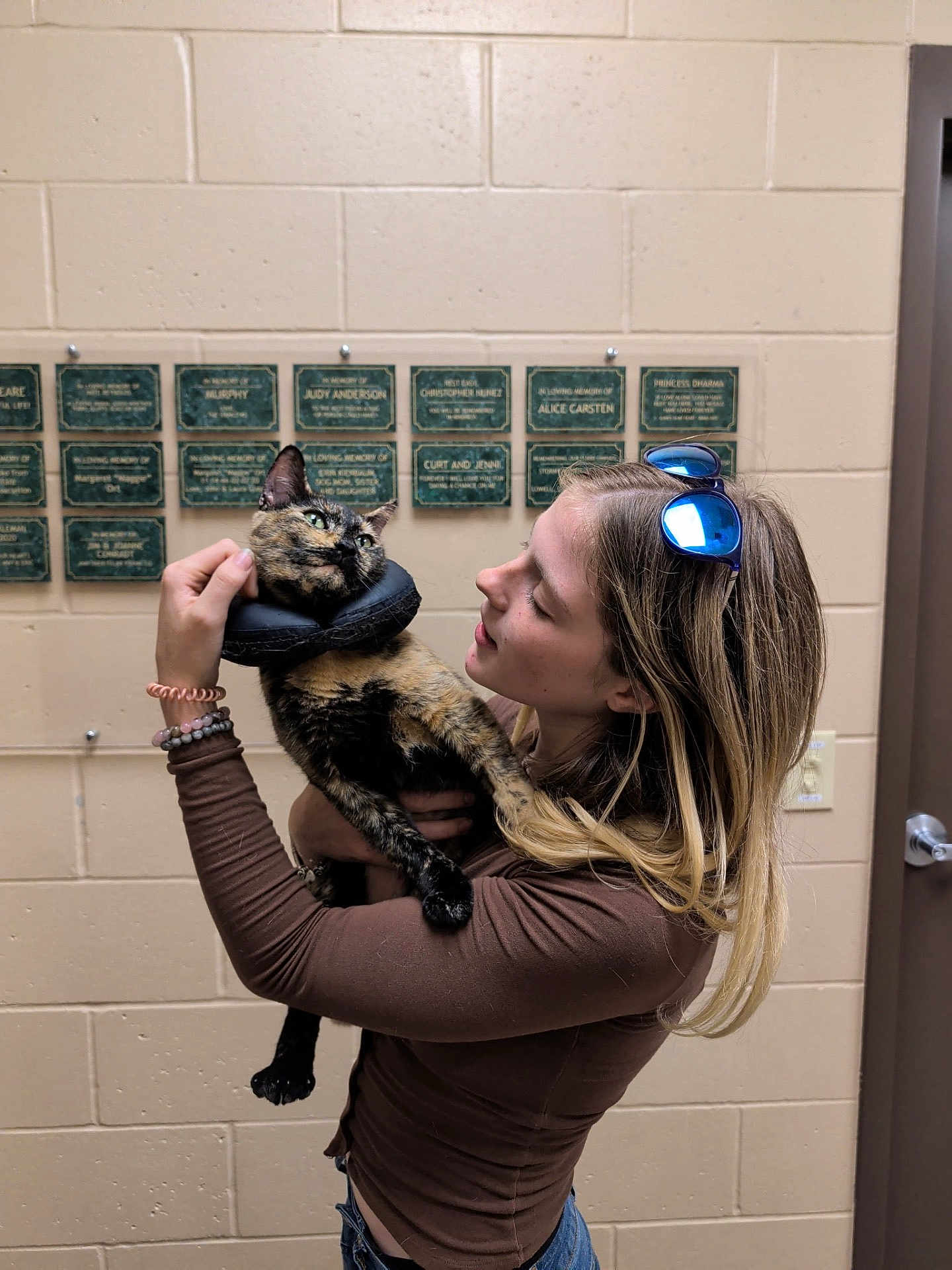 Rosie joined the competition — help win amazing prizes! woman, cat, indoor, tortoiseshell_cat, protective_collar, plaque, beige_wall, long_sleeve_shirt, sunglasses, blonde_hair, holding_pet, affection, pet, human, portrait, casual_clothing, bracelet, door, light_switch, expression