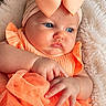 Elyanna joined the competition — help win amazing prizes! baby, infant, child, portrait, close_up, blue_eyes, bow, headband, orange_dress, ruffles, blanket, fluffy, flowers, indoor, lying_down, sitting, hands, fashion, cute, photography