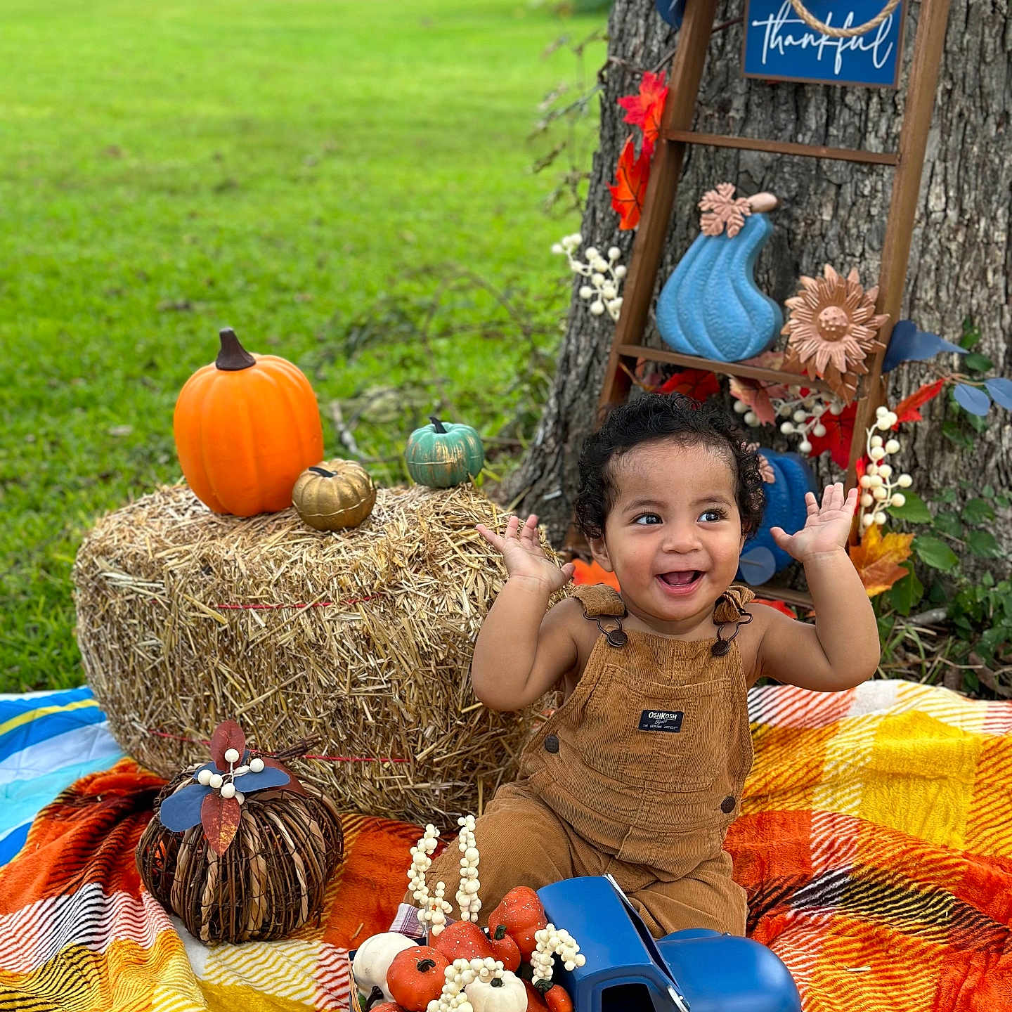 Tevita joined the competition — help win amazing prizes! autumn, blanket, child, decorations, fall, grass, happy, hay_bale, leaves, nature, outdoor, overalls, plaid, playful, pumpkins, smiling, thankful_sign, toddler, toy_truck, tree