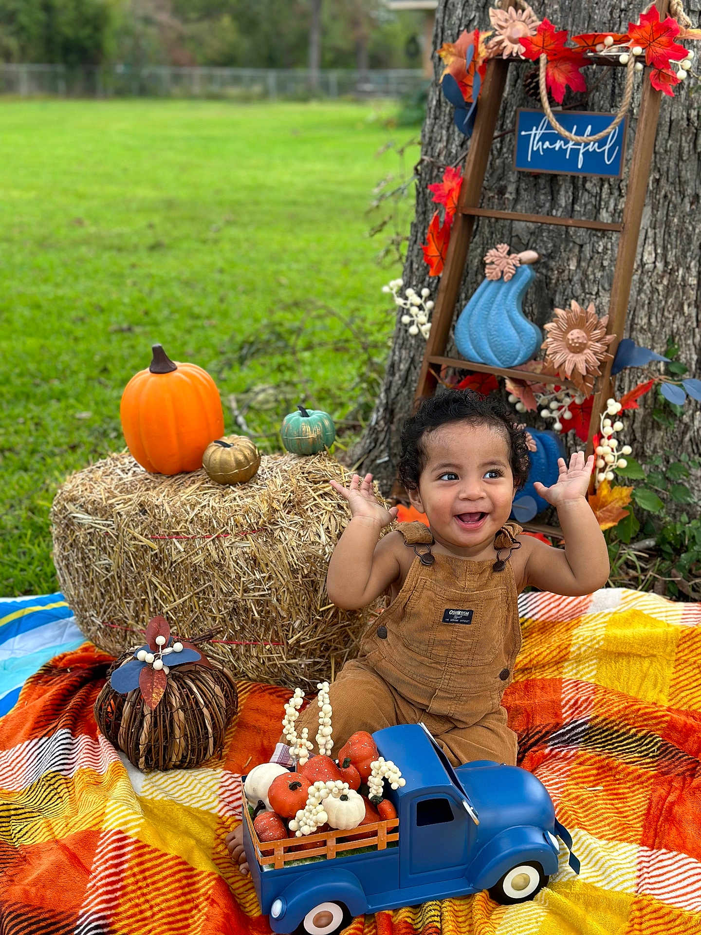 Tevita joined the competition — help win amazing prizes! autumn, blanket, child, decorations, fall, grass, happy, hay_bale, leaves, nature, outdoor, overalls, plaid, playful, pumpkins, smiling, thankful_sign, toddler, toy_truck, tree