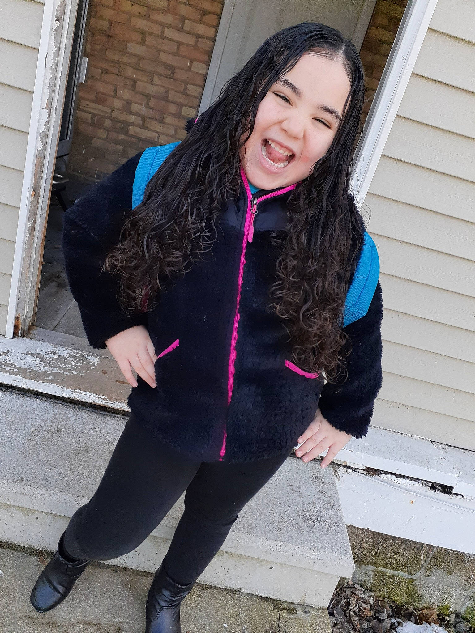 Aleena is registered to the contest to win money with this photo: black_hair, blue, clothing, costume, electric_blue, footwear, fur, jacket, jeans, leggings, long_hair, outerwear, person, pink, purple, smile, t_shirt, textile, tights, top