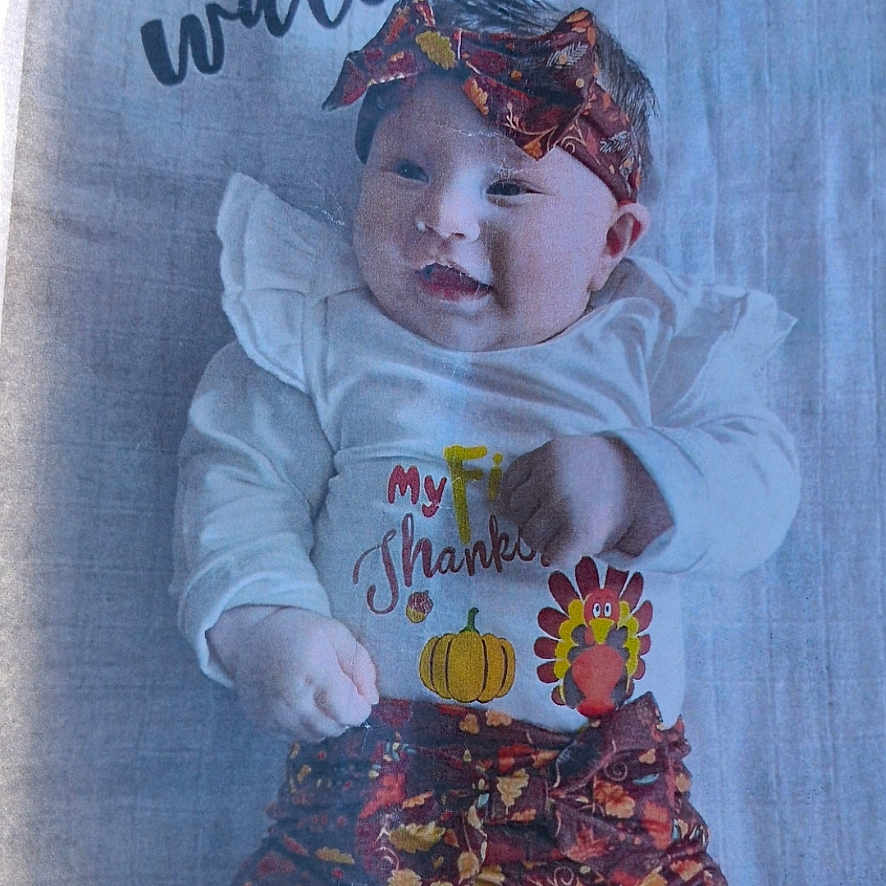 Ayla joined the competition — help win amazing prizes! autumn_colors, baby, blanket, child, clothing, cute, decor, fabric, fall_theme, happy, headband, holiday, infant, lying_down, patterned_pants, person, portrait, pumpkin, smiling, turkey