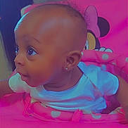 Mulan is registered to the contest to win money with this photo: baby, child, infant, pink, chair, minnie_mouse, earring, curious, cute, clothing, cushion, indoor, portrait, sitting, face, person, toddler, toy, colorful, happy