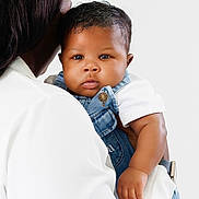 Jayce is registered to the contest to win money with this photo: baby, child, person, denim_overalls, white_shirt, holding, curly_hair, blue_eyes, skin, portrait, cute, infant, toddler, hand, face, adult, clothing, background, studio, expression