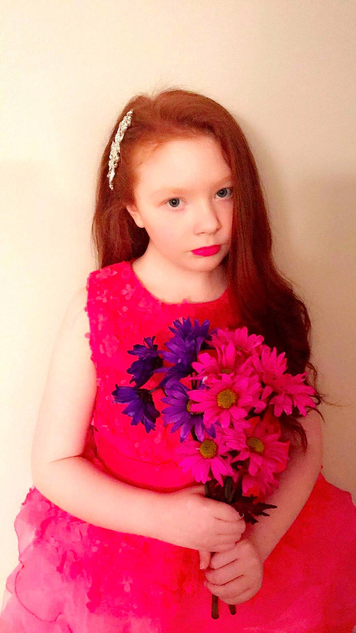 Karissa joined the competition — help win amazing prizes! beauty, bouquet, child, child_model, cut_flowers, dress, fashion_accessory, flower, lady, magenta, person, petal, photo_shoot, pink, plant, ruffle, smile, toddler