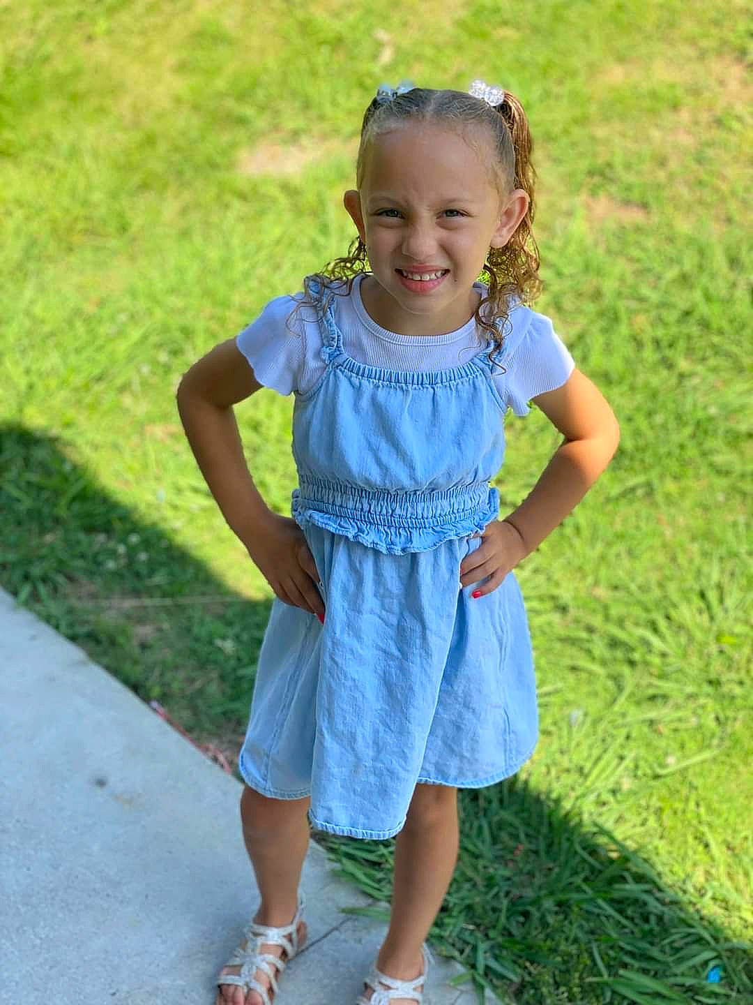 Brookelynn joined the competition — help win amazing prizes! baby_toddler_clothing, day_dress, dress, electric_blue, grass, grass_family, happy, joy, leisure, magenta, one_piece_garment, pattern, people_in_nature, person, plant, recreation, sandal, shoulder, sleeve, smile