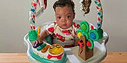 Dante is registered to the contest to win money with this photo: activity_seat, baby, child, clothing, colorful, curly_hair, cute, expression, eyes, face, foot, hand, indoor, infant, person, plastic, play, seat, table, toy