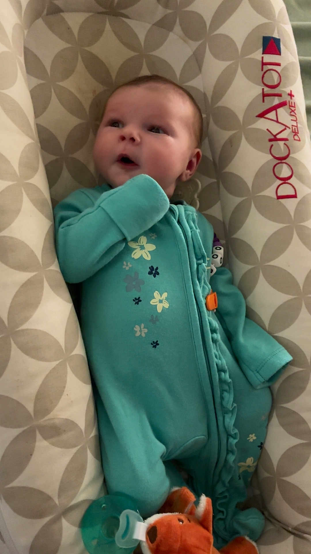Lilith is registered to the contest to win money with this photo: baby, infant, onesie, baby_lounger, dockatot, plush_toy, pacifier, pattern, teal, cute, child, indoor, soft_toy, sleepwear, face, head, expression, resting, comfort, small