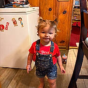 Willow joined the competition — help win amazing prizes! barefoot, child, cute, denim_overalls, freezer, furniture, home, indoor, kitchen, person, pigtails, playing, red_shirt, sippy_cup, smiling, stickers, toddler, wood_paneling, wooden_floor, young_child