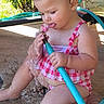 toddler, child, water, hose, swimsuit, pink, outdoor, concrete, wet, playful, summer, garden, greenery, sitting, water_flow, barefoot, sunlight, curly_hair, cute, fun