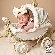 Sophia joined the competition — help win amazing prizes! newborn, baby, sleeping, bow, headband, baby_carriage, vintage, white, gold, roses, flower, soft, cozy, portrait, cute, infant, resting, indoors, peaceful, decorative