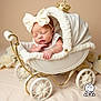 newborn, baby, sleeping, bow, headband, baby_carriage, vintage, white, gold, roses, flower, soft, cozy, portrait, cute, infant, resting, indoors, peaceful, decorative