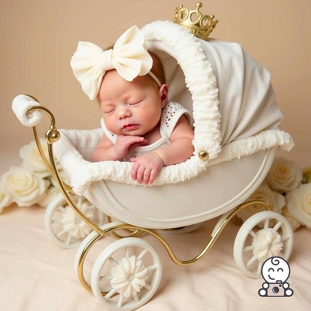 Sophia joined the competition — help win amazing prizes! newborn, baby, sleeping, bow, headband, baby_carriage, vintage, white, gold, roses, flower, soft, cozy, portrait, cute, infant, resting, indoors, peaceful, decorative