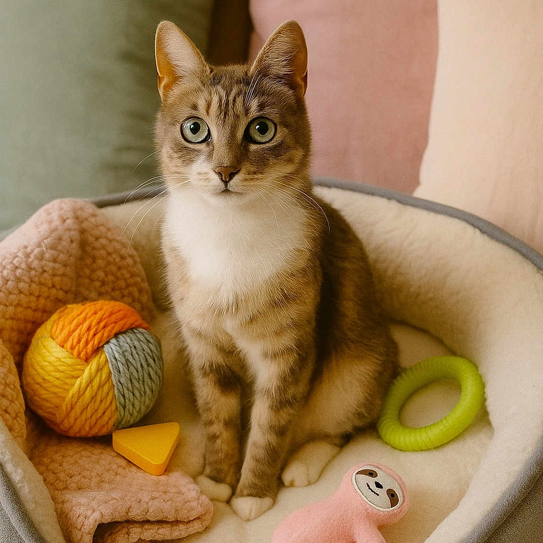 Canette a rejoint le concours — aidez-le/la à gagner de superbes lots ! animal, blanket, cat, comfortable, cozy, cute, feline, green_ring, home, indoor, looking, pet_bed, pillow, pink_plush, plush_toy, sitting, soft_lighting, tabby_cat, toy, yarn_ball