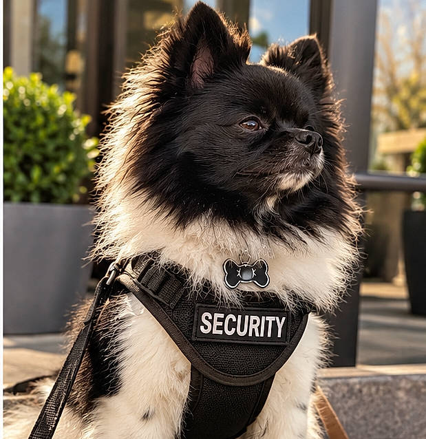 alert, badge, black_and_white, dog, ears, eyes, fluffy, fur, harness, nose, outdoor, patio, plants, portrait, security_harness, serious, sitting, small_dog, sunlight, text
