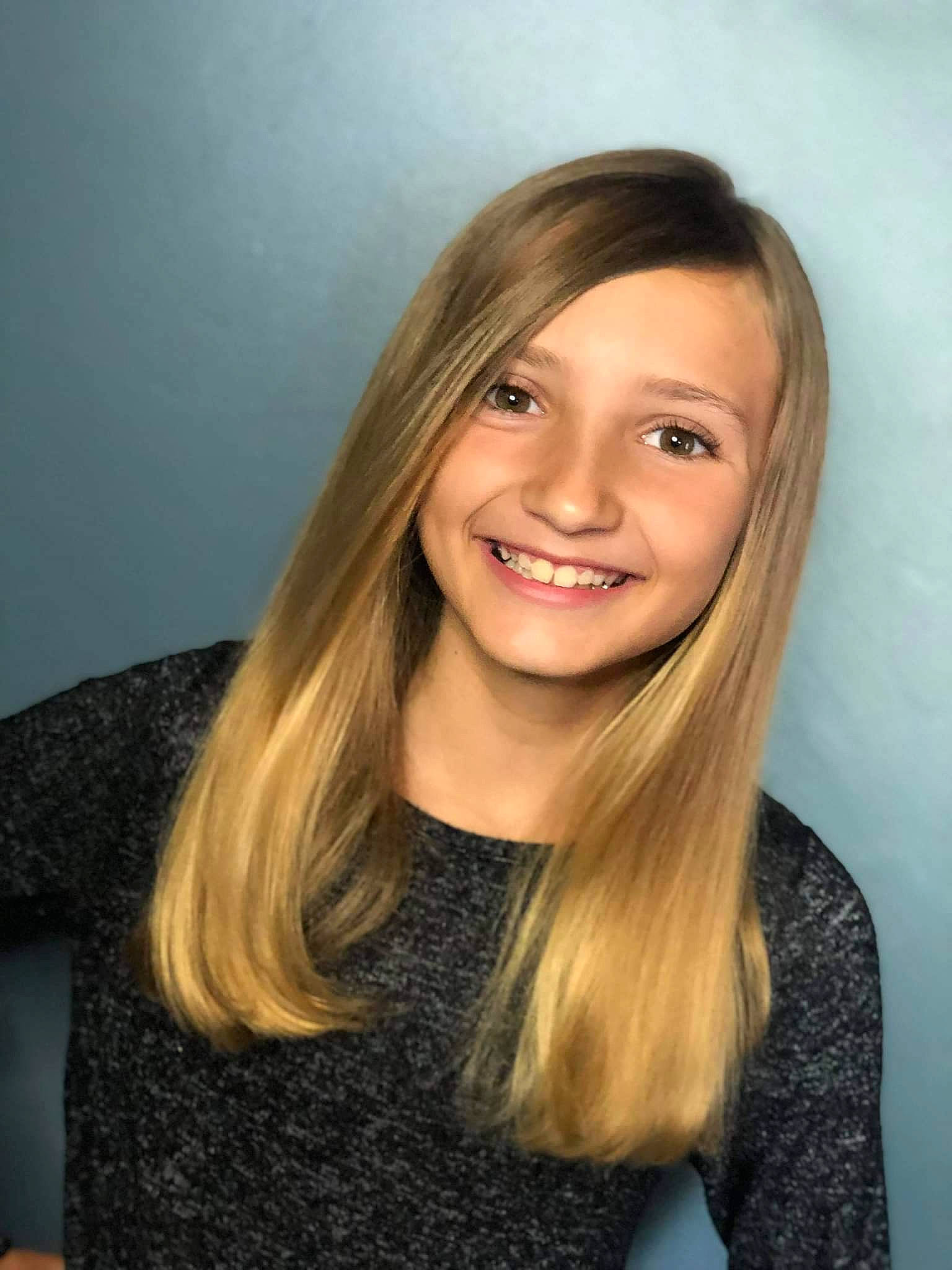 Alaina is registered to the contest to win money with this photo: blond, brown_hair, cheek, chin, electric_blue, eye, eyebrow, eyelash, flash_photography, gesture, happy, iris, jaw, joy, layered_hair, lip, long_hair, makeover, person, sleeve