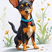 Laila joined the competition — help win amazing prizes! dog, cartoon, illustration, black_and_tan, blue_collar, heart_tag, ears, sitting, flowers, plants, whiskers, cute, pet, animal, portrait, friendly, playful, small_dog, adorable, animated_style