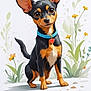 dog, cartoon, illustration, black_and_tan, blue_collar, heart_tag, ears, sitting, flowers, plants, whiskers, cute, pet, animal, portrait, friendly, playful, small_dog, adorable, animated_style