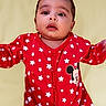 Aarav is registered to the contest to win money with this photo: baby, child, curious_expression, cute, date_display, face, head, indoor, infant, lock_screen, lying_down, mickey_mouse, phone_screenshot, portrait, red_onesie, skin, sleepwear, stars, time_display, young_child