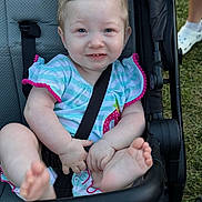 Serenity joined the competition — help win amazing prizes! baby, child, toddler, stroller, smiling, portrait, outdoor, grass, sitting, harness, seatbelt, striped_shirt, pink_trim, bare_feet, infant, happy, face, photography, family, daylight