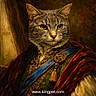 animal, cat, closeup, clothing, costume, digital_art, embroidery, fabric, face, feline, historical_style, indoor, noble, ornate, painting_style, portrait, regal, royalty, texture, velvet