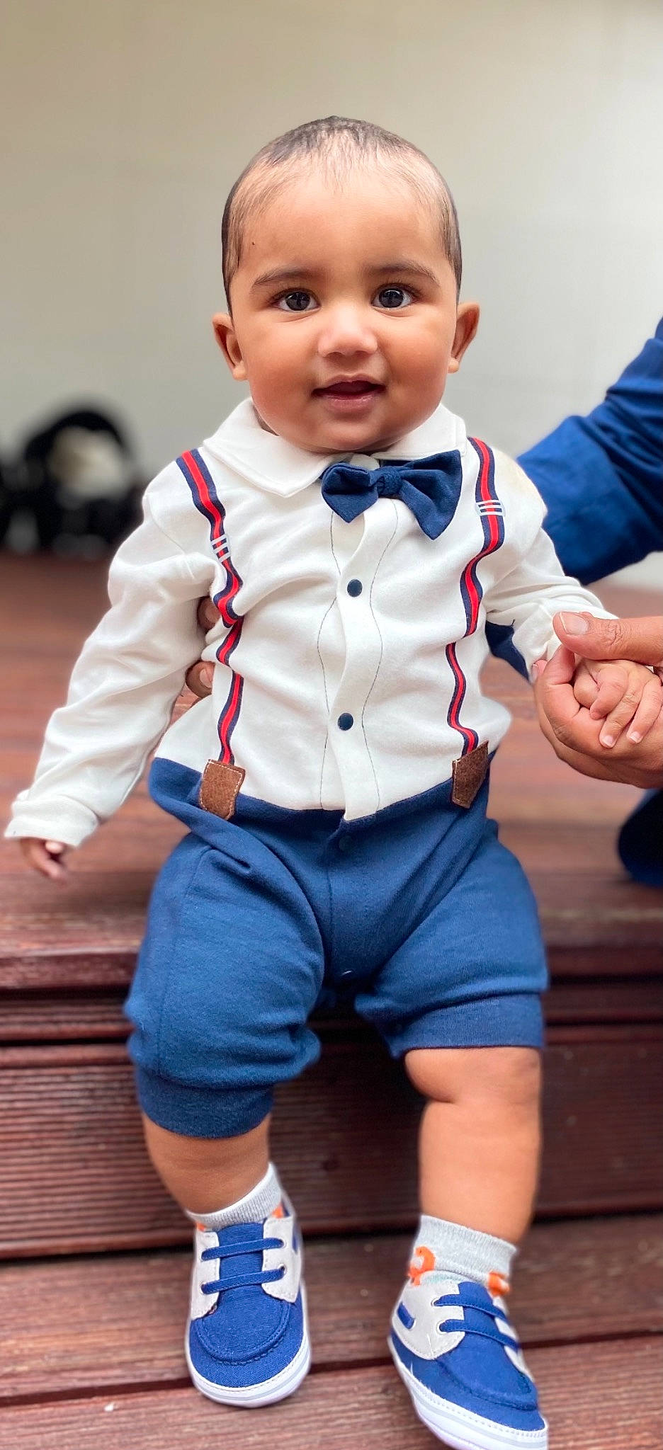 Issac joined the competition — help win amazing prizes! baby, baby_toddler_clothing, bow_tie, collar, denim, dress_shirt, electric_blue, finger, formal_wear, gesture, hand, happy, person, skin, sleeve, standing, t_shirt, tie, toddler, waist