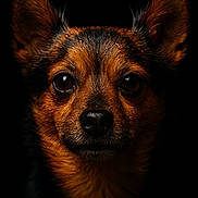 Maya participe au concours pour gagner de l'argent avec cette photo : dog, close_up, portrait, animal, pet, brown_fur, black_background, ears, whiskers, eyes, nose, muzzle, canine, furry, looking_at_camera, headshot, studio_lighting, detailed, sharp, cute