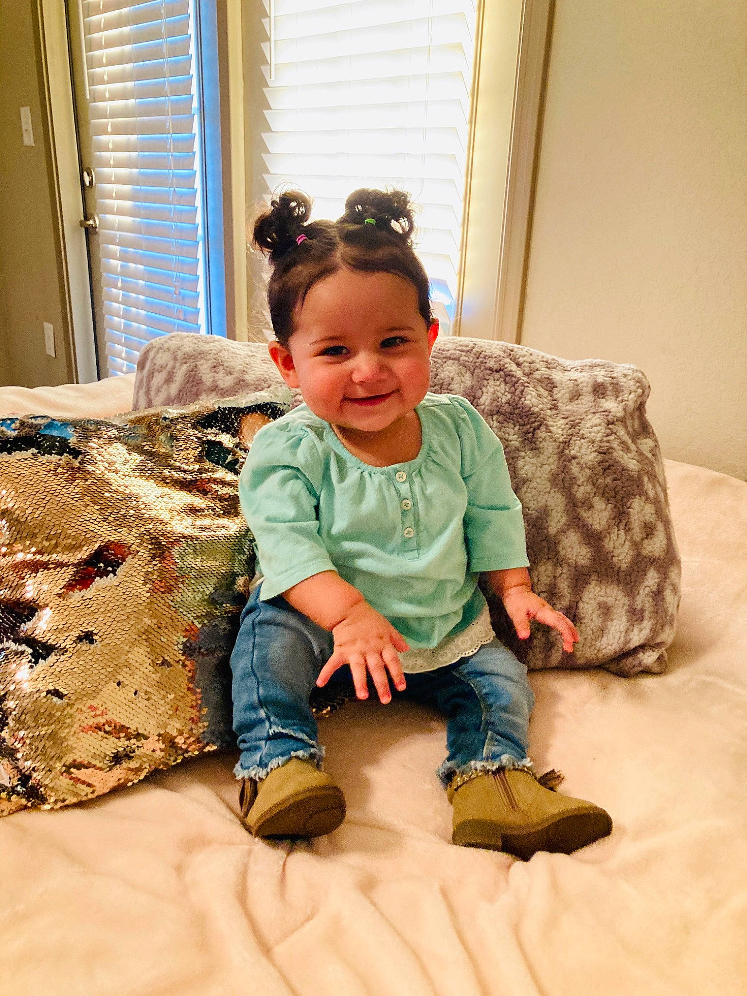 Joy joined the competition — help win amazing prizes! baby, baby_toddler_clothing, child, comfort, couch, eye, floor, flooring, happy, human_body, joy, leg, living_room, person, sitting, skin, sleeve, smile, toddler, window