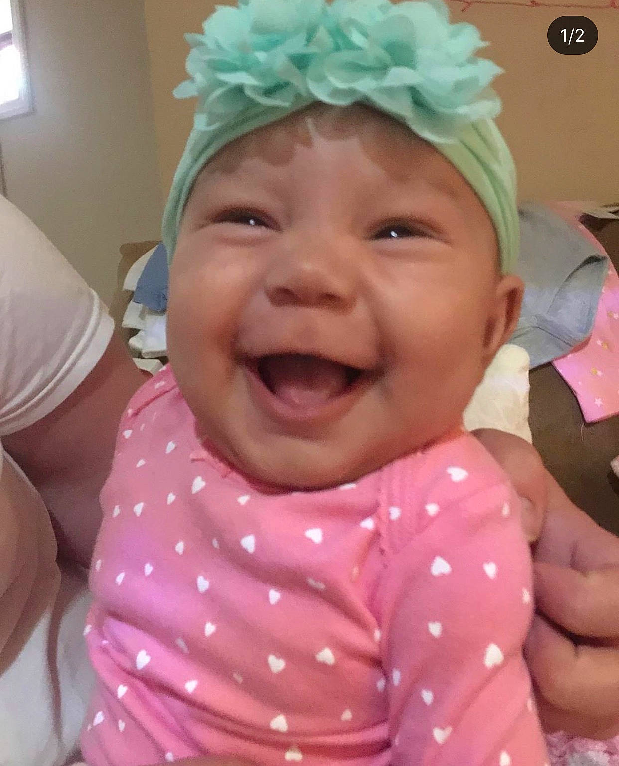 Payton is registered to the contest to win money with this photo: baby, baby_laughing, baby_making_funny_faces, cheek, child, face, facial_expression, fun, happy, head, headwear, laugh, lip, mouth, person, pink, skin, smile, toddler, tongue