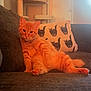animal, cat, cat_pillow, cat_tree, couch, cozy, ears, feline, fur, furniture, home, indoor, looking_at_camera, orange_tabby, pet, pillow, relaxed, sitting, soft_light, whiskers