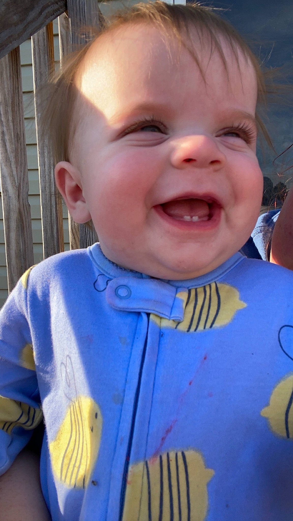 Viviane is registered to the contest to win money with this photo: baby, baby_laughing, baby_products, baby_toddler_clothing, cheek, child, chin, electric_blue, fun, gesture, happy, iris, laugh, lip, mouth, nose, person, skin, sleeve, smile