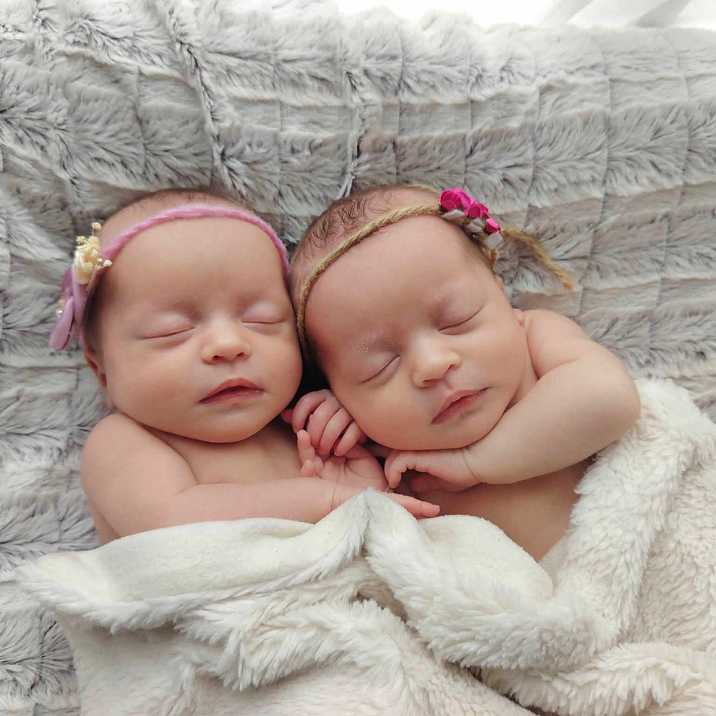 Adelia Et Eugénia participe au concours pour gagner de l'argent avec cette photo : newborn, baby, sleeping, blanket, headband, flower, twin, infant, soft_texture, peaceful, cute, resting, skin, closeup, portrait, child, indoors, cozy, warm, cuddle