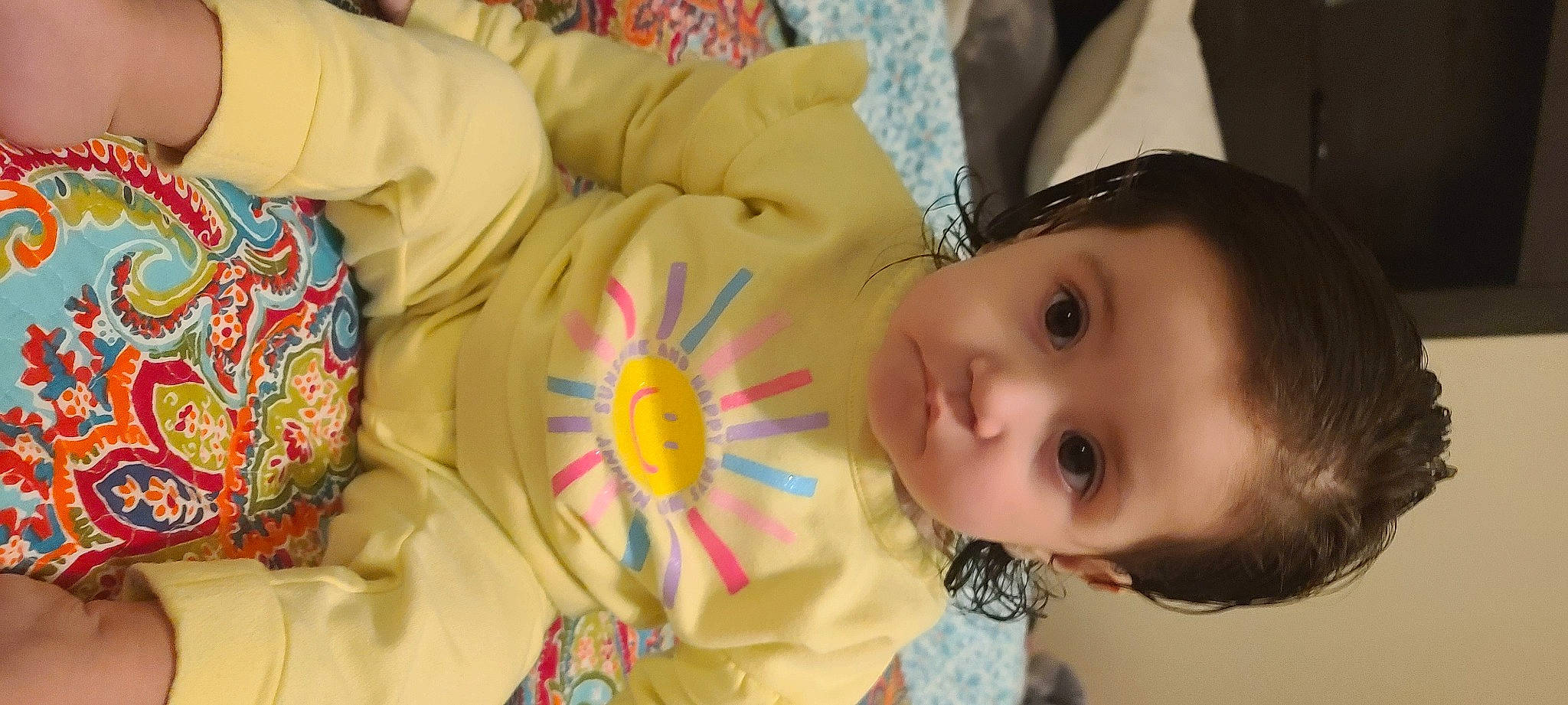 Angela joined the competition — help win amazing prizes! baby, baby_toddler_clothing, cheek, child, close_up, eye, eyelash, happy, iris, linens, lip, mammal, nose, pattern, person, room, skin, textile, toddler, toy