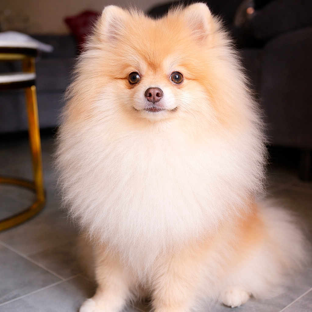 Vipa participe au concours pour gagner de l'argent avec cette photo : dog, pomeranian, fluffy, pet, indoor, floor, tile, animal, cute, small_dog, fur, sitting, looking_at_camera, home, cozy, domestic, portrait, companion, friendly, adorable